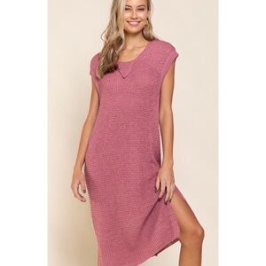 POL Raspberry Loose Knit Sleeveless Hoodie Dress